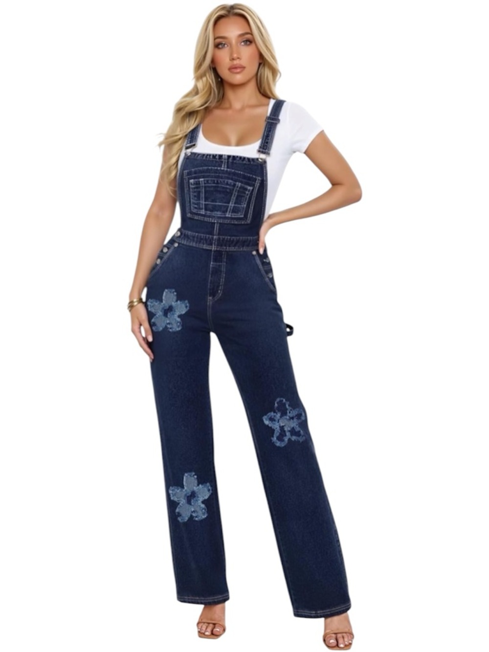 Hybrid & Company Dark Blue Denim Floral-Patch Overalls Size S